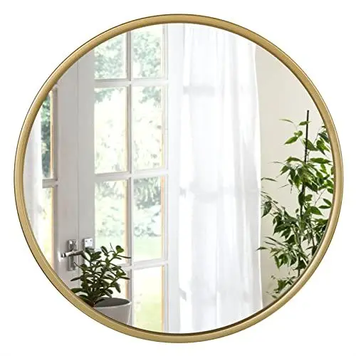 Produktbild: WOLTU runder Wandspiegel 60 cm, Spiegel rund mit Goldrahmen, moderner Hängespiegel für Badezimmer Schlafzimmer Wohnzimmer Flur, dekorativer Schminkspiegel aus Glas Metall MDF Haken
