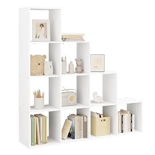 Produktbild: WOLTU weißes Regal für Buch Spielzeug, Bücherregal mit 10 Fächern, Schrank für Wohnzimmer Schlafzimmer, Raumteil aus Holzewerkstoff, Würfelregal Stufenregal 136x29x136 cm RGB44ws