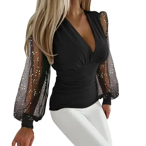 Produktbild: Women Deep V Neck Tops Slim Fit Puff Long Sleeve Elastic Waist Ruched Wrap Low Cut Blouse Shirt Crop Top Top Mit Knöpfen Damen (Black, L)