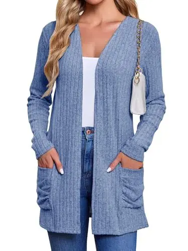 Produktbild: Women's Cardigan Coats Knitted Long Sleeve Sweaters Loose Fit Casual Cardigans with Pockets Fall 2024 Blue Small
