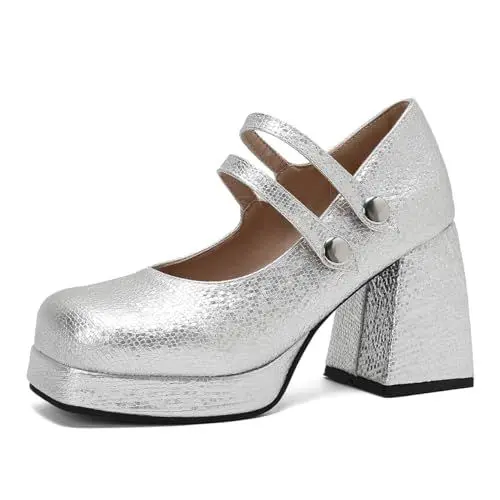 Produktbild: Womens Chunky Blockabsatz Square Runde Zehen Plattform Mary Jane Pumps Dress Buro Schuhe für Frauen Mädchen Damen Silber Große 43