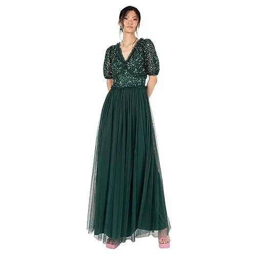 Produktbild: Maya Deluxe Damen Maxi Dress Ladies V-Neck Short Sleeve Sequin Embellished Tulle Ruffle for Wedding Guest Bridesmaid Ball Gown Kleid, Emerald Green,38