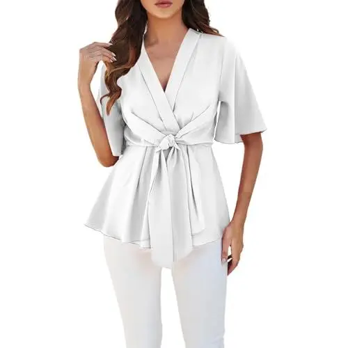 Produktbild: Women's Peplum Top Bell Sleeve V Neck Hem Tie Front Elegant Shirt Blouses Cooles Oberteil Damen (White, M)