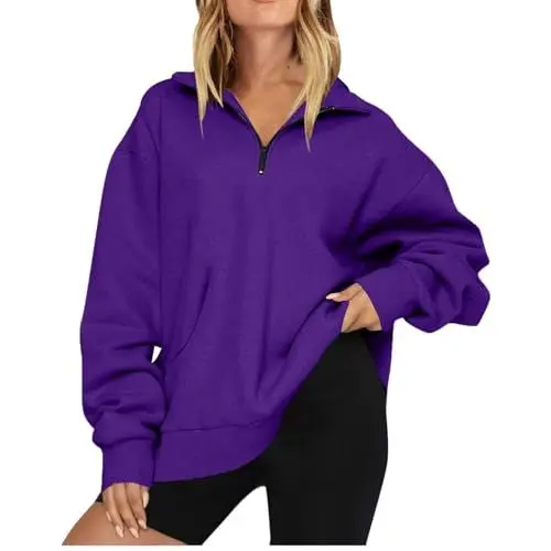 Produktbild: Womens Quarter Zip Sweatshirt Fall Half Zip V Neck Jumper Drop Shoulder Long Sleeve Plain Pullover Basic Tops Lightweight Personalised Blouse A-01