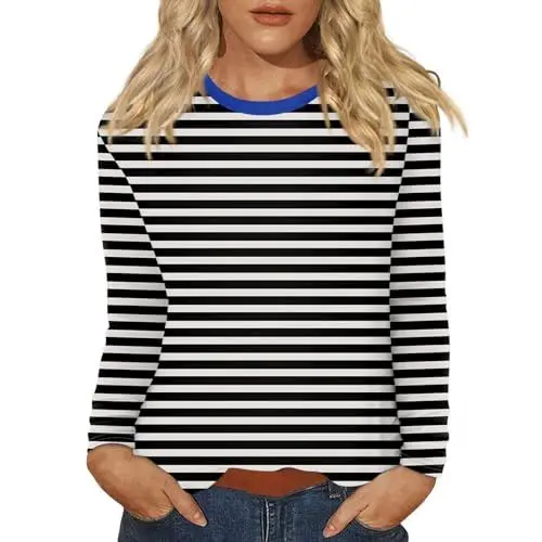 Produktbild: Tshirt Damen Shirt 3/4 Arm Damen Shirt Rundhals Frühling Pullover Damen Top Schwarz T Shirt Damen Baumwolle Leichte Blusen Klassische Blusenshirt Damen Oberteil Basic Tops(A7-Blau,L)