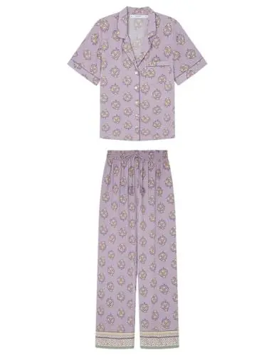 Produktbild: Women'secret Damen Langer Schlafanzug Mix and Match Spring Drops Pyjamaset, Purple Print, M