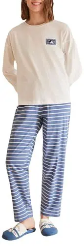 Produktbild: Women'secret Damen Langer Schlafanzug mit Mehreren License Sailor Pyjamaset, Ecru, M