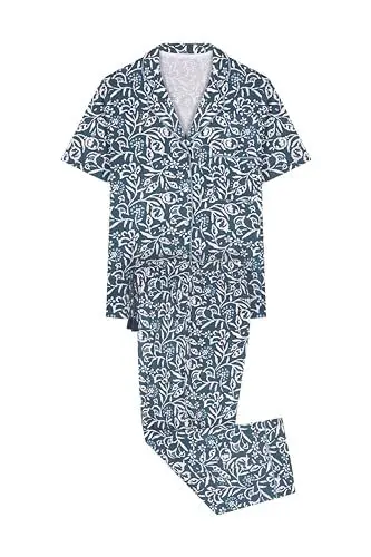 Produktbild: Women'secret Damen Pyjama aus 100% Baumwolle, Capri-Motiv, Blumenmuster Pyjamaset, Bedruckt blau, XL