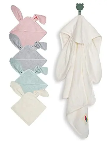 Produktbild: wometo Baby Kapuzentuch Baumwolle oekoTEX mit XXL Hasenohren - 75x75 weiß cremeweiß Kapuzenhandtuch für Mädchen, Jungen, Kinder