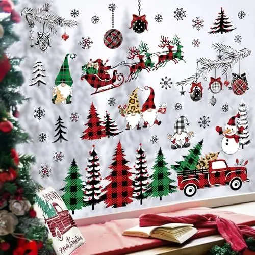 Produktbild: wondever Fenstersticker Weihnachtsbaum Rot Schwarz Karo Fenster Aufkleber Auto Rot Gnom Kiefer Baum Fensterbilder Fensteraufkleber Anti-Kollision Doppelseitig Glasaufkleber Weihnachten Deko