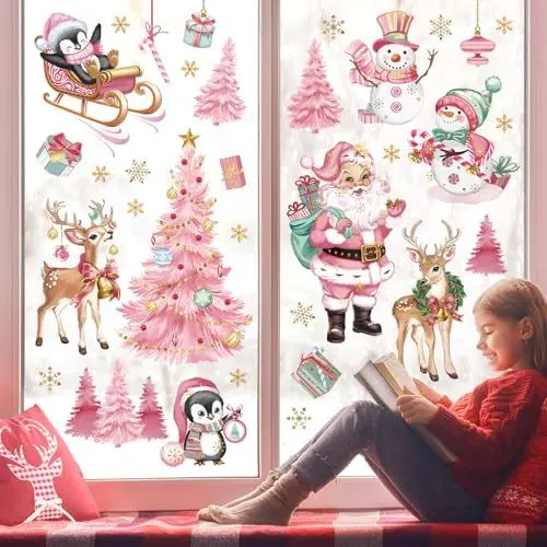 Produktbild: wondever Fenstersticker Weihnachtsmann Rentier Rosa Fenster Aufkleber Weihnachtsbaum Schneemann Pinguine Fensterbilder Fensteraufkleber Anti-Kollision Doppelseitig Glasaufkleber Weihnachten Deko