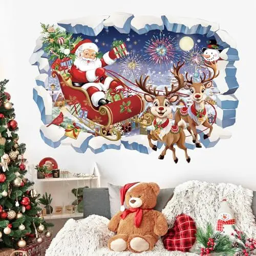 Produktbild: wondever Wandtattoo 3D Weihnachten Wandaufkleber Weihnachtsmann und Rentier Weihnachten Fenster Wandsticker Wanddeko für Weihnachten Party Fenster Weihnachtsdeko