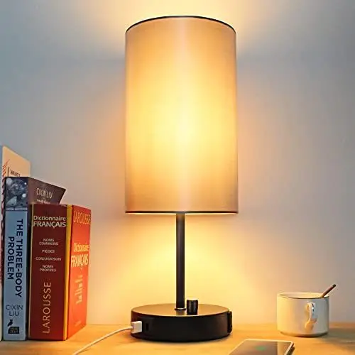 Produktbild: Wondlumi LED Tischlampe, Dimmbar Nachttischlampe mit USB Ladefunktion, Kleine E27 Tischleuchte Schwarz mit Schirm für Schlafzimmer Wohnzimmer Büro, inkl. 8W Warmweiß LED-Birne