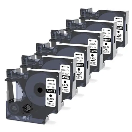 Produktbild: Wonfoucs kompatible Schriftband für Dymo 45013 12mm x 7m als Ersatz für Dymo D1 Etikettenband 12mm 45013 S0720530 Schwarz auf Weiß Kompatible für Dymo LabelManager 160 150 210D 280 420P, 6er Pack