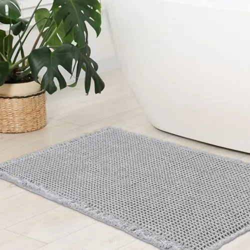 Produktbild: WONGS BEDDING Waffel Badematte,Super Saugfähige Badezimmerteppich,rutschfeste Badteppich für Badezimmerboden Badvorleger Waschbar mit Quasten Ultraweich,Grau 80x50cm
