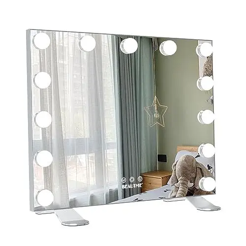 Produktbild: WONSTART Make-up-Spiegel, LED-Spiegel mit Lichtern, Schminkspiegel mit 13 Leuchtmitteln, beleuchteter Spiegel, Hollywood, Wandspiegel/Tischspiegel, 3 Modi, Touch-Steuerung (Silber, 50/42 cm)