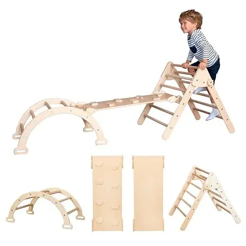 Produktbild: Woodandhearts Montessori Klettergerüst Indoor ab 1 Jahr, Kletterdreieck mit Rutsche, Montessori Kletterbogen 3er Set