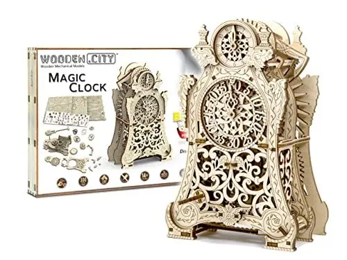 Produktbild: WOODEN.CITY Holz Mechanische Modellbausatz - 3D Puzzle Magische Uhr, Holzpuzzle Erwachsene, Laserschnitt Größe 129mm x 141mm x 218mm, DIY Spielzeug, Rätsel für Erwachsene, Hobby