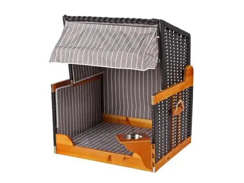 Produktbild: Woodtex Hundestrandkorb Kieferholz |Hundehütte anthrazit inkl. Schützhülle schwenkbarer Wasser-/Futternapf|Sonnenschutz Hunde und Katzen |Rattan Schwarz mit weißen Nadelstreifen