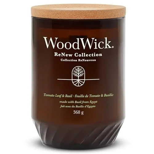 Produktbild: WoodWick ReNew Duftkerze mit knisterndem Docht | Große Kerze Tomato Leaf & Basil | Pflanzliche Soja-Kokosnuss-Wachsmischung | Hergestellt aus recycelten Materialien | Perfekte Geschenke für Frauen