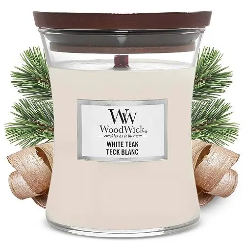 Produktbild: WoodWick mittelgroße Duftkerze im Sanduhrglas mit knisterndem Docht | White Teak | Brenndauer bis zu 60 Stunden
