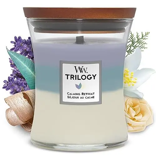 Produktbild: WoodWick mittelgroße Trilogy-Duftkerze im Sanduhrglas mit Pluswick-Innovation, Calming Retreat