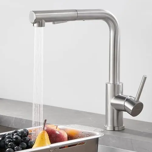 Produktbild: WOOHSE Wasserhahn Küche Ausziehbar, 360°Drehbare Küchenarmatur mit Brause Ausziehbar, Hochdruck Spültischarmatur mit 2 Strahlarten, Armatur aus Edelstahl, Gebürstet, Mischbatterie Küche