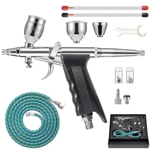 Produktbild: WOOLUCK Airbrush Kit, Airbrush Pistolen Set Double Action Airbrush-Stift 0,3mm mit extra 0,5 0,8 mm Nadeln, Farbbecher 2CC/7CC/12CC