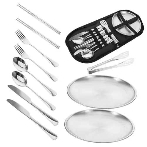 Produktbild: WOONEKY 1 Set Set Outdoor Geschirr Set Reisegeschirr Tragbares Geschirr Wiederverwendbares Geschirr Wiederverwendbare Utensilien Geschirr Nur Gabeln Und Löffel Essstäbchenetui Aus