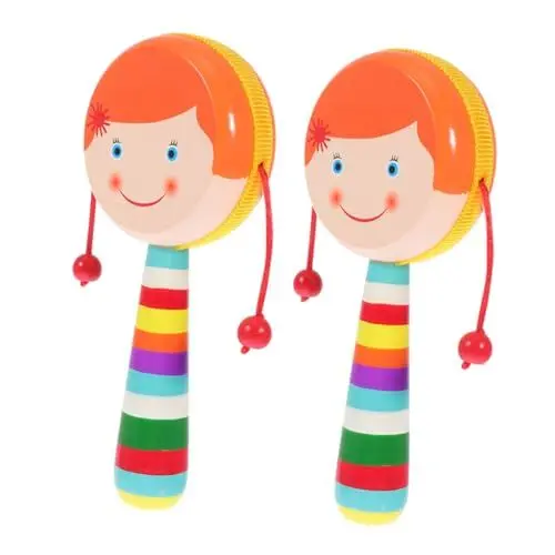 Produktbild: WOONEKY 2stücke Holzrassel Für Leichte Handspielzeug Mit Cartoon-druck Für Sensorische Entwicklung Für Drinnen Und Draußen