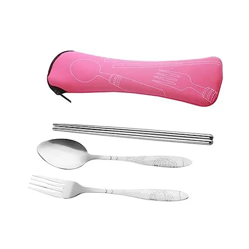 Produktbild: WOONEKY 4stücke Teiliges -geschirrset Mit Aufbewahrungstasche Besteckset Aus Essgeschirrset Für Unterwegs Rosa