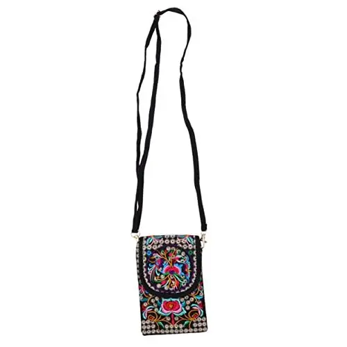 Produktbild: WOONEKY Bestickte Handyhülle Bestickte Geldbörse Canvas-einkaufstasche Reisehandtasche Crossbody-handy-geldbörse Kulturelle Tasche Umhängetaschen Für Damen Telefon Sache Jahrgang Fräulein