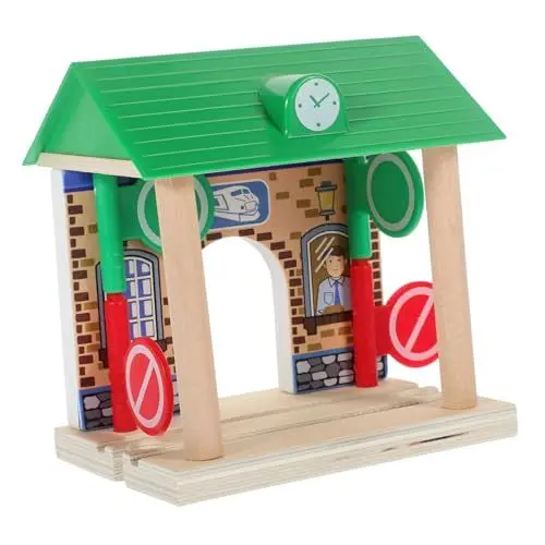 Produktbild: WOONEKY Zug-Bahnhof-Spielzeug Für Kinder – Bahnhofszubehör Aus Holz Eisenbahnschienen Dekorativer Bahnhof