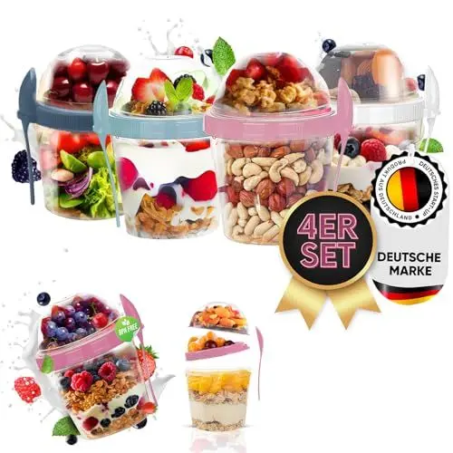Produktbild: WoonFux® Premium 4er Set Müslibecher to go - 500 ML - Spülmaschinenfest - 2 Kammern Joghurtbecher to go - Praktischer Müsli to go Becher - BPA Frei - Genieße Müsli und Joghurt unterwegs