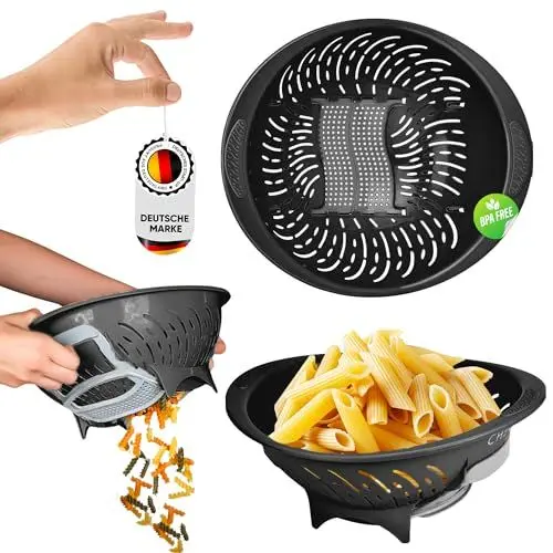Produktbild: WoonFux® Premium Nudelsieb - Spülmaschinenfest - Abtropfsieb BPA-Frei mit seitlichen auslauf griffen - Küchensieb auch als Reissieb geeignet (Schwarz)