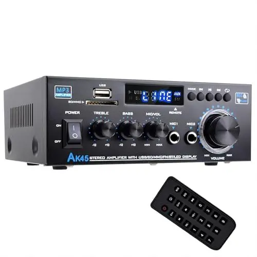 Produktbild: AK45 HiFi Verstärker mit Bluetooth 5.0,400W Mini Verstärker HiFi Stereo,2 Kanal Audio Verstärker Receiver w/UKW-Radio,RCA,SD,USB-Karteneingang, für Zuhause, Studio