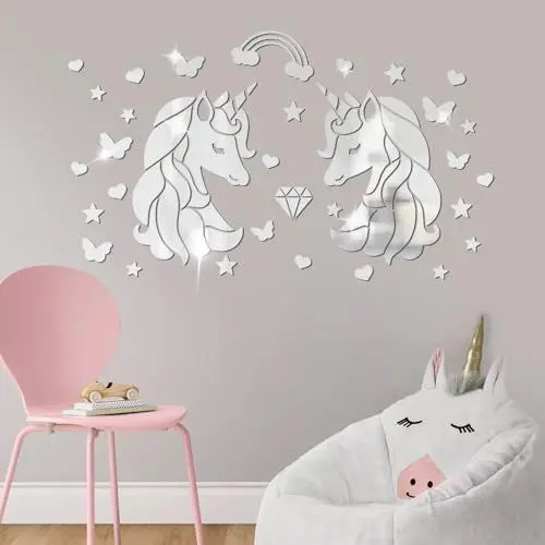Produktbild: wooshwa 3D Acryl Spiegel Wandtattoo Wandsticker Wandaufkleber Kinderzimmer Babyzimmer Schlafzimmer Selbstklebend Deko Wanddeko für Jungen Mädchen Kinder Einhorn Schmetterling Sterne Herz (Silber)