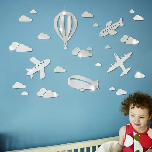 Produktbild: wooshwa 3D Acryl Spiegel Wandtattoo Wandsticker Wandaufkleber Kinderzimmer Babyzimmer Schlafzimmer Selbstklebend Deko Wanddeko für Jungen Mädchen Kinder Flugzeug Heißluftballon Wolken (Silber)