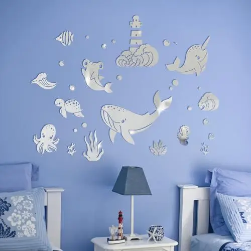 Produktbild: wooshwa 3D Acryl Spiegel Wandtattoo Wandsticker Wandaufkleber Kinderzimmer Babyzimmer Schlafzimmer Selbstklebend Deko Wanddeko für Jungen Mädchen Kinder Wale Schildkröte Oktopus (Silber)