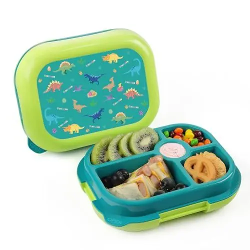Produktbild: wooshwa Brotdose Kinder Snackbox mit Fächern, Bento Box Auslaufsicher Lunchbox Brotbox Kinder für Mädchen & Jungen, Perfekt für Schule & Kindergarten - 745ml BPA Frei (Grüner Dinosaurier)