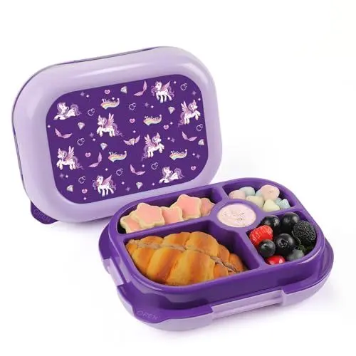 Produktbild: wooshwa Brotdose Kinder Snackbox mit Fächern, Bento Box Auslaufsicher Lunchbox Brotbox Kinder für Mädchen & Jungen, Perfekt für Schule & Kindergarten - 745ml BPA Frei (Lila Einhorn)