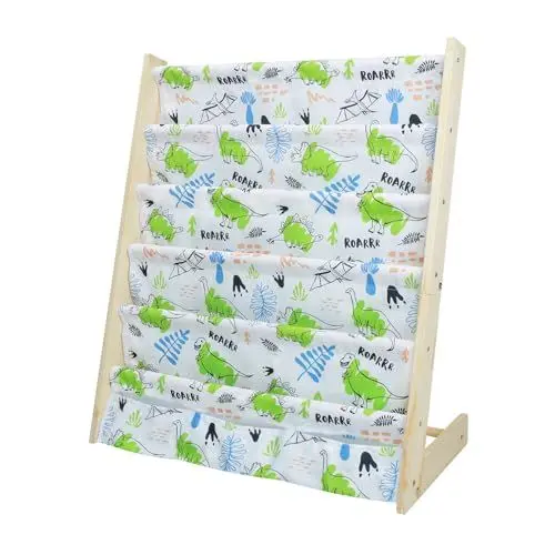 Produktbild: wooshwa Bücherregal Kinder für Kinderzimmer Kinderregal Regal kleines Bücherregal mit 5 Regale & 3 Tasche, Aufbewahrungsregal Bücher-Organizer aus Kiefer und Oxford-Stoff (Grüner Dinosaurier)
