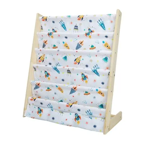 Produktbild: wooshwa Bücherregal Kinder für Kinderzimmer Kinderregal Regal kleines Bücherregal mit 5 Regale & 3 Tasche, Aufbewahrungsregal Bücher-Organizer aus Kiefer und Oxford-Stoff (Rakete Weiß)