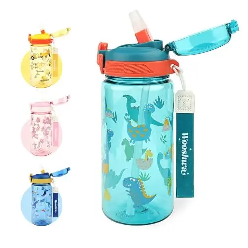 Produktbild: wooshwa Trinkflasche Kinder, Auslaufsicher Einhandöffnung, Sport Wasserflasche mit Strohhalm, Kindergarten Schule Sport Flasche für Jungen, Tragegriff BPA-frei Spülmaschinenfest 600ml, Dinosaurier