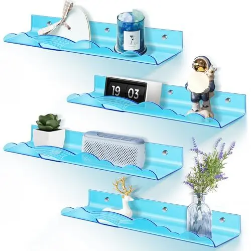 Produktbild: wooshwa Wandregal Regal Wand Schweberegal Wandregale Badezimmer Schwebendes Bad Regal Regalbrett Wall Shelf Wandboard Ohne Bohren für Wohnzimmer Küche Schlafzimmer Wände - 4 Stück, Blau