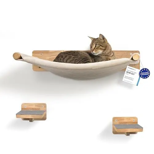 Produktbild: WOOWOOD® Kletterwand Katzen inkl. 2X Katzentreppe Wand (Massivholz) I Kratzbaum Wand I Hängematte Katze I Katzenwand I Wandkratzbaum I Katzenmöbel I Katzen Kletterwand