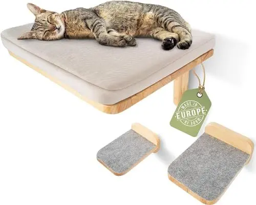 Produktbild: WOOWOOD® Kletterwand Katzen inkl. 2X Katzentreppe Wand (aus Europa) I Kratzbaum Wand I katzenhängematte I Katzen Wand Klettern I Katzenwand I Wandkratzbaum I Katzenmöbel (Katzenliege-Naturholz)