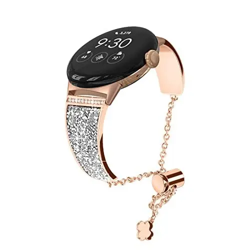Produktbild: WoPail Armband Damen für Google Pixel Watch 3/Watch 2/1 41mm, Bling Strass Kristallen Schmuck Ersatzarmband, Frauen Edelstahl Glitzer Verstellbares Armbänder für Google Pixel Watch 3 41mm - Roségold