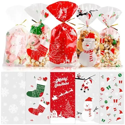 Produktbild: Woparty 120 Stück Weihnachten Plätzchentüten Transparente Süßigkeiten Tüten Kekstüten Weihnachten Tütchen Zum Befüllen Cellophantüten Weihnachten Zellophanbeutel mit Twist Krawatten 27 * 12.8cm