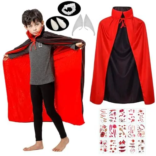 Produktbild: Woparty Vampir Kostüm Kinder Schwarz Rot Vampir Umhang Kinder Unisex Vampirumhang Mit Kragen Kinder 108cm/42.51in